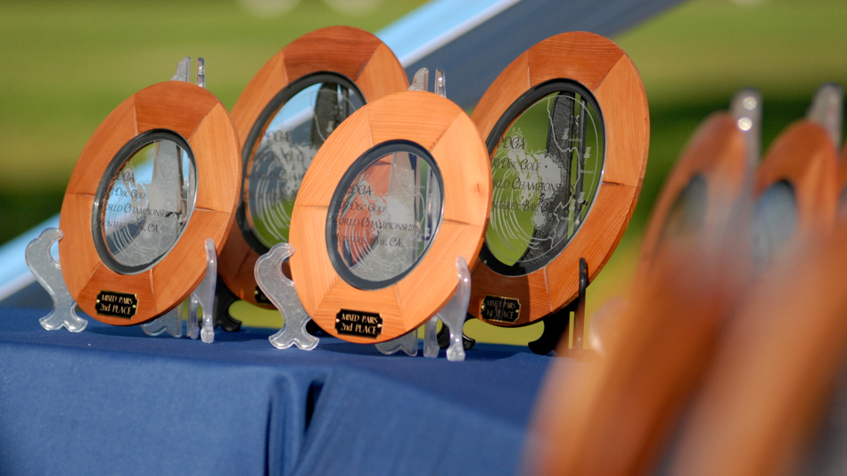 frisbee net the trophies are lined up for the 2011 pdga pro